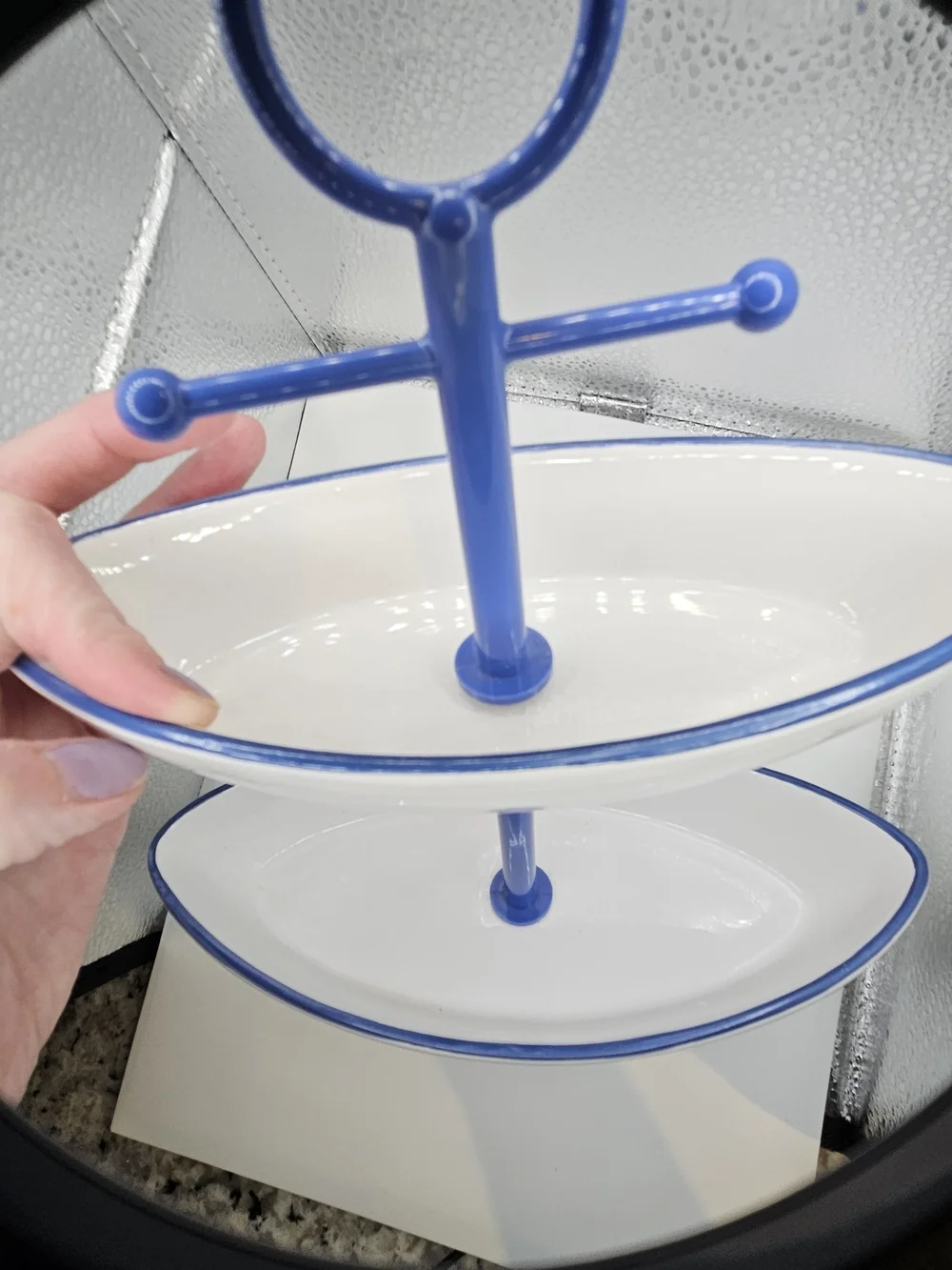 Two-Tier Boat Ceramic Tray with Blue Trim